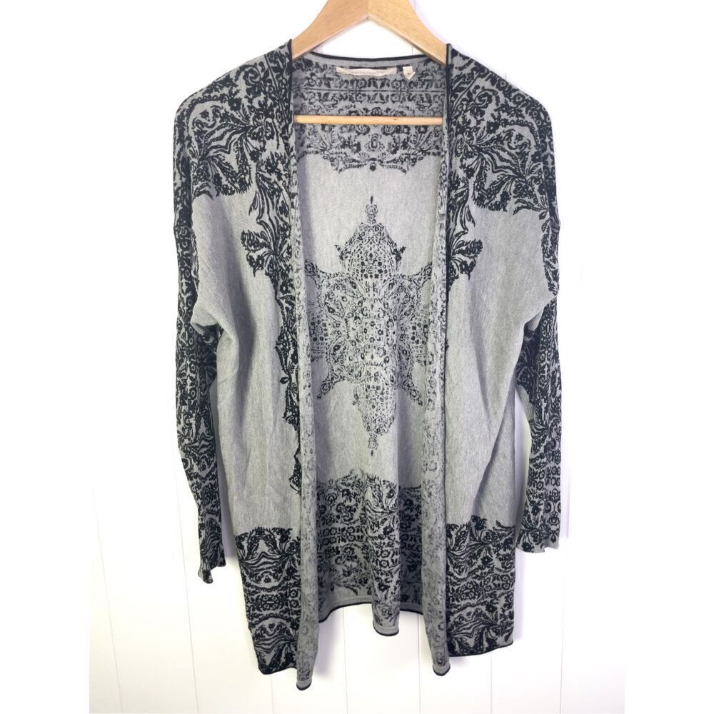 Soft Surroundings Womens Size M Gray Black Open Cardigan‎ Sweater Mandala Boho
